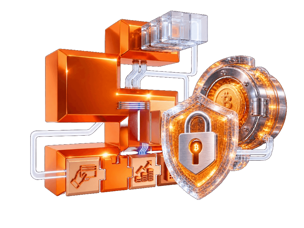 Bitcoin vault, shield, and lock illustrating Surge security